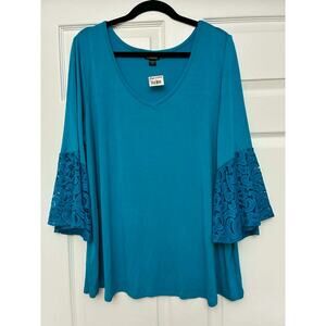 Simply Emna Women's 2X Teal Lace Bell Sleeve V-Neck Blouse Stretch NWT